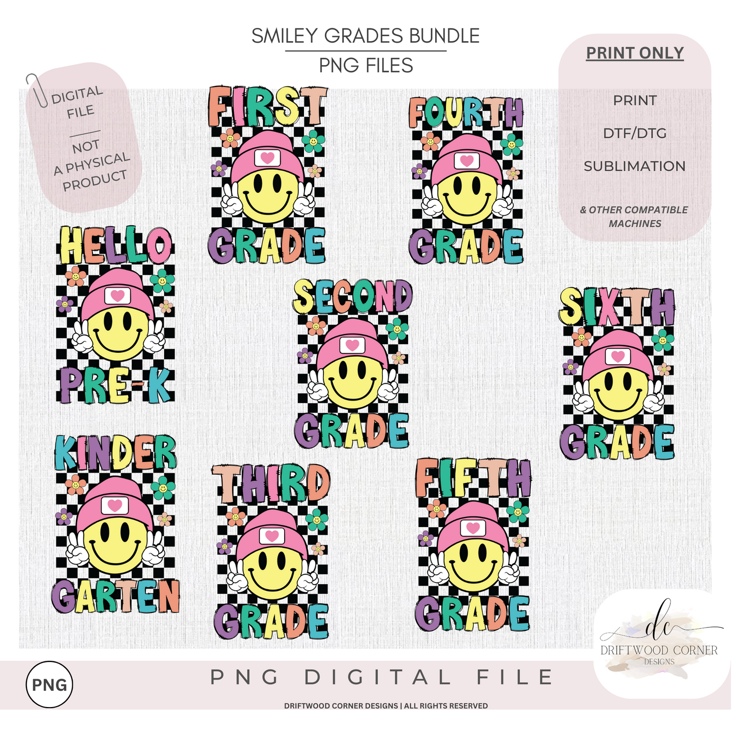 Smiley Grades Pre-K-6 checkered background PNG Graphic Bundle